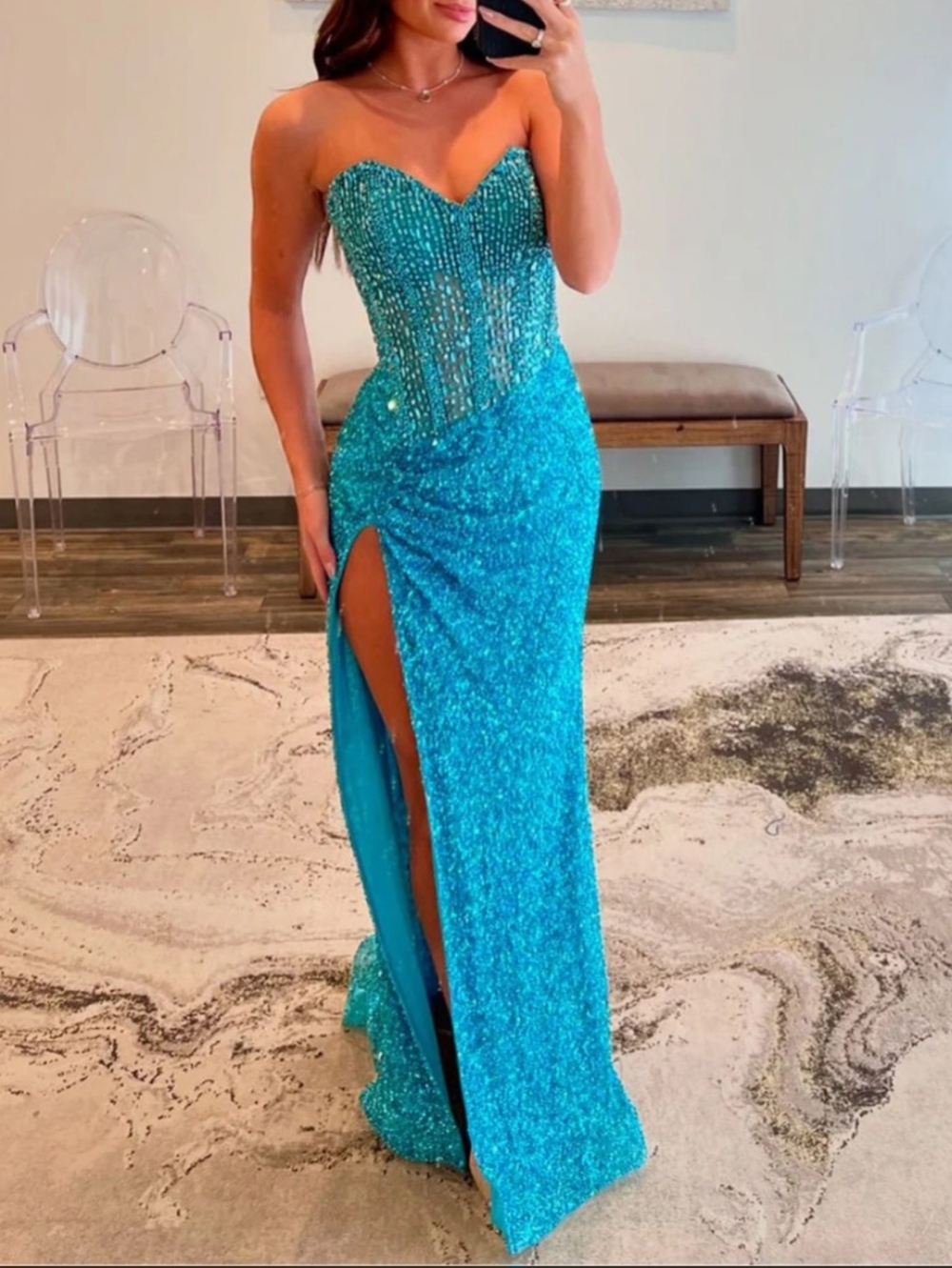 NWT Strapless Turquoise Sequin Evening Gown With Train